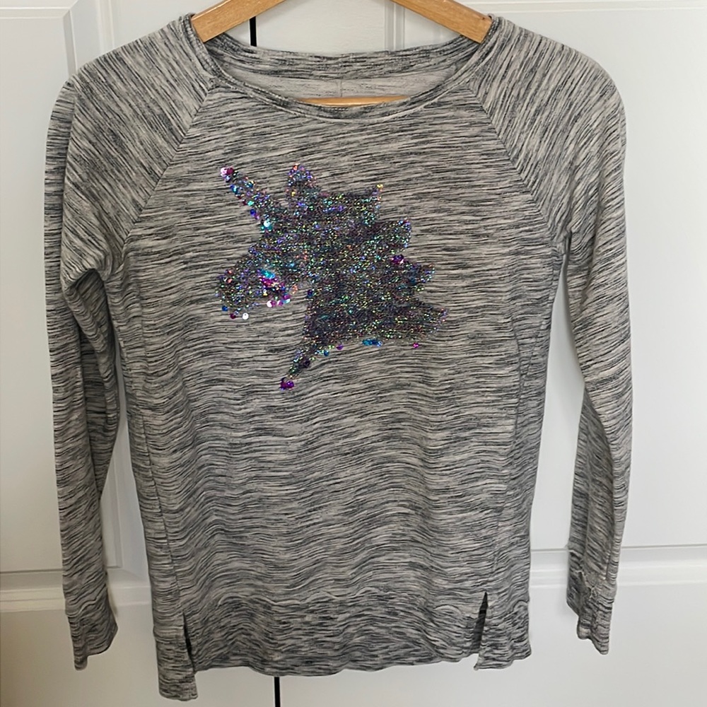 SO Cozy Crewneck Grey Marled unicorn sequin sweatshirt Sz 16
